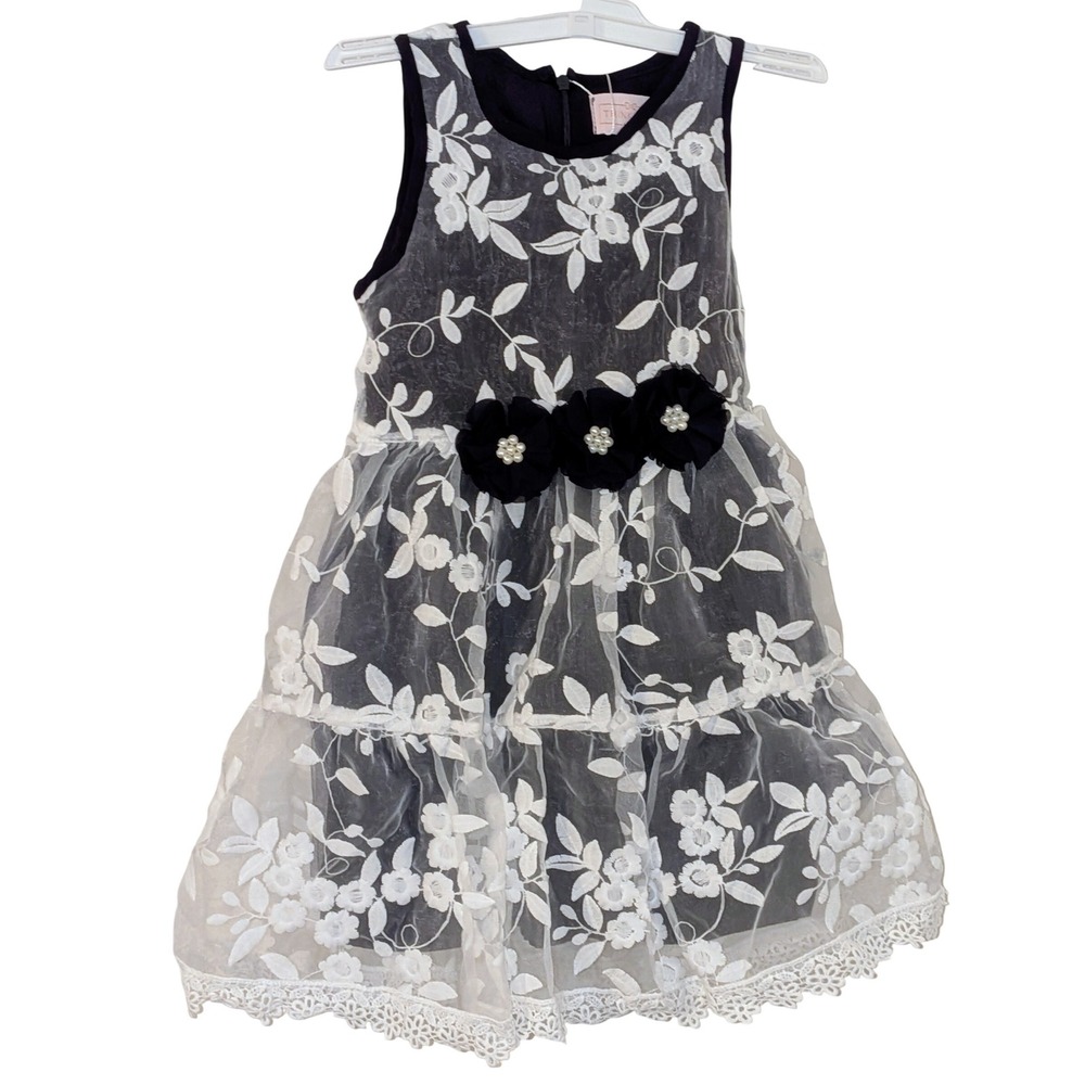 Think Pink Boutique Dressy Navy‎ White Floral Lace Flower Dress Kids Size 3 NWT
